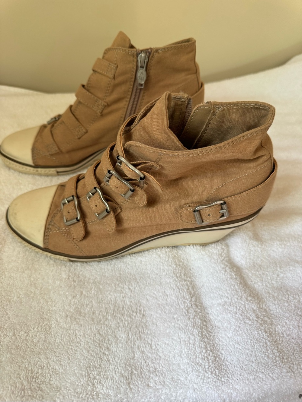 Ash Unlimited Thelma Tan Canvas Wedge High-Top Sneakers with Buckle Straps